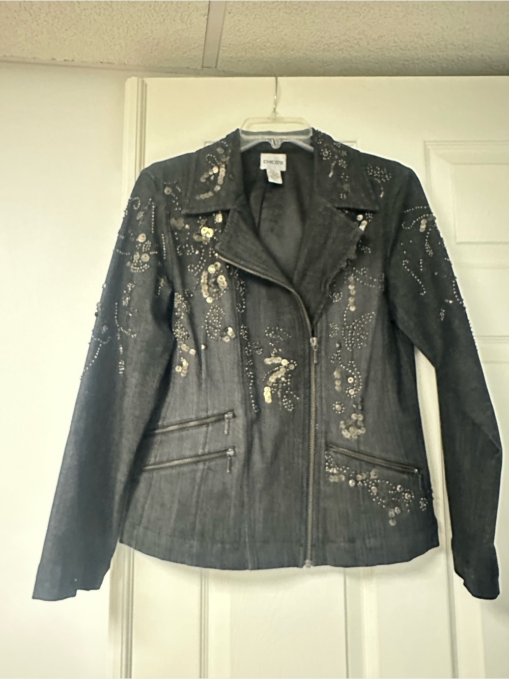 Chico's Embellished Black Jean Moto Jacket